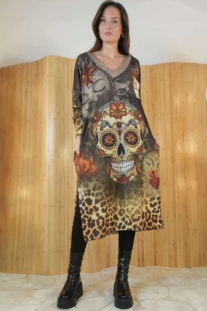Ezra T Shirt Midi Dress Sunshine and Skulls /15=